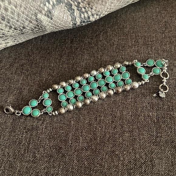 LUCKY BRAND FAUX TURQUOISE BEADED SILVER WIDE BRACELET - Picture 3 of 9